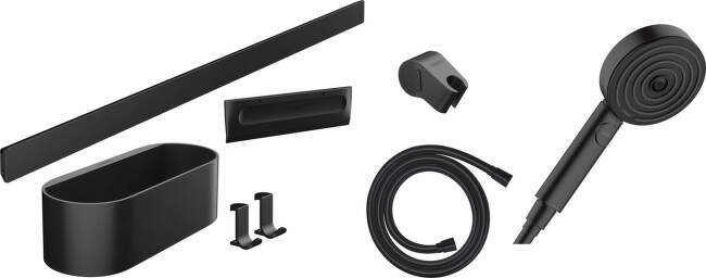Hansgrohe WallStoris - Set sprchovej hlavice 105, 3 prúdy a kúpeľňových doplnkov, matná čierna 24291670
